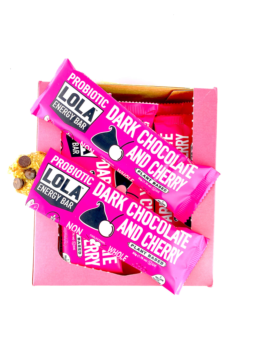 box of dark chocolate cherry bars with bars sticking out, one is partially unwrapped