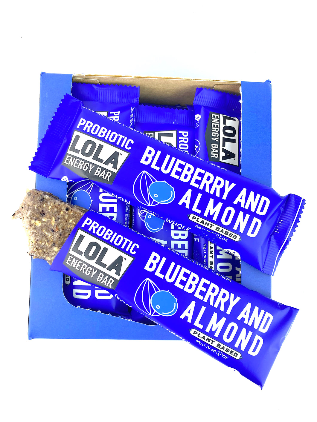 box of blueberry almond bars with bars sticking out, one is partially unwrapped